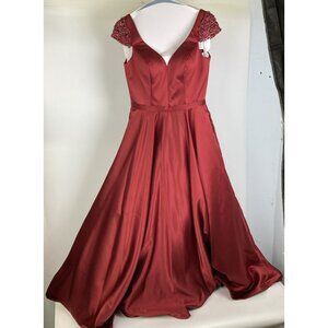 Angela & Alison Beaded Cap Sleeve Low Back Maroon Formal Prom Gown Size 12